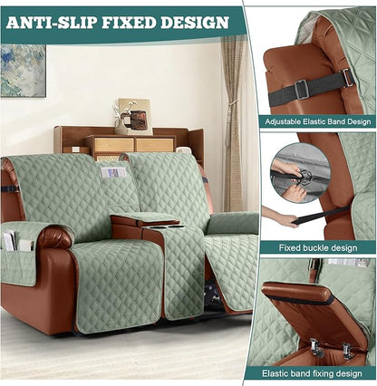 Ruaozz Waterproof Loveseat Recliner Cover with Console Non-Slip Reclining Couch Covers Split Sofa Slipcovers with Elastic Straps for Kids, Dogs, Pets (Sage Green, 2 Seater)