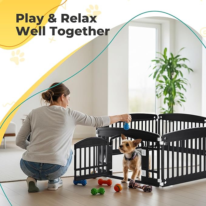 24" Plastic Dog Playpen 6-Panel Durable Pet Playpen for Puppies & Small/Medium Dogs, Portable & Foldable Pet Fence with Secure Locking Door, Black