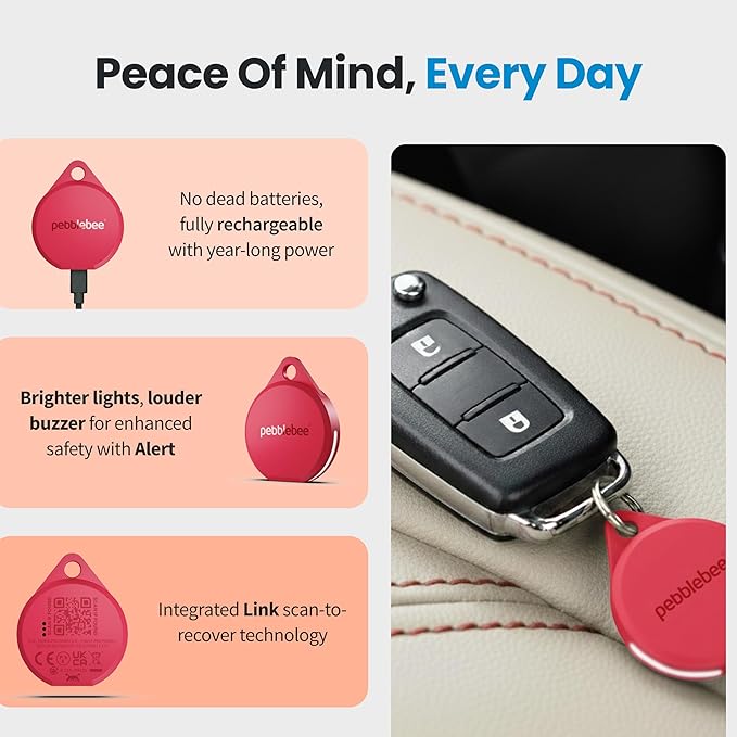 Pebblebee Clip 5 | Rechargeable Bluetooth Tracker Tag for Keys | Alternative to Air Tag & Android Trackers | 130 dB Siren, Bright LED Strobe, 12-Month Battery, Alert Safety Mode | Hot Coral