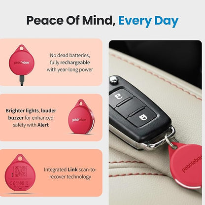Pebblebee Clip 5 | Rechargeable Bluetooth Tracker Tag for Keys | Alternative to Air Tag & Android Trackers | 130 dB Siren, Bright LED Strobe, 12-Month Battery, Alert Safety Mode | Hot Coral