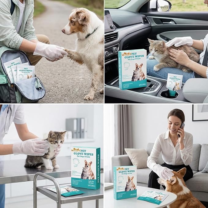 Pet Cleaning Glove Wipes 6 Count | Individually Wrapped Disposable Grooming Glove Wipes with Aloe & Jojoba Oil, Waterless No-Rinse Odor Control, Lick-Safe Five-Finger Design for Dogs&Cats