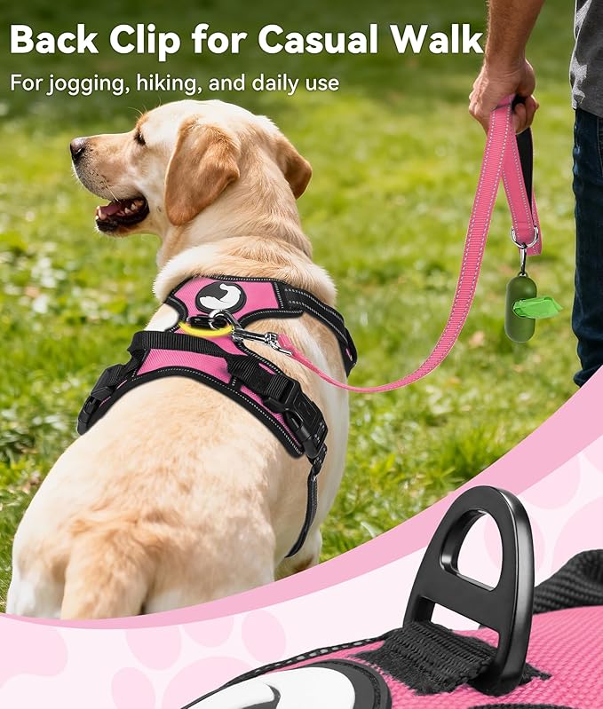Joytale No Pull Dog Harness for Large Dogs, Reflective Pet Vest with Front Clip, Adjustable Soft Padded Harnesses with Easy Control Handle for Training and Walking, Hot Pink, L