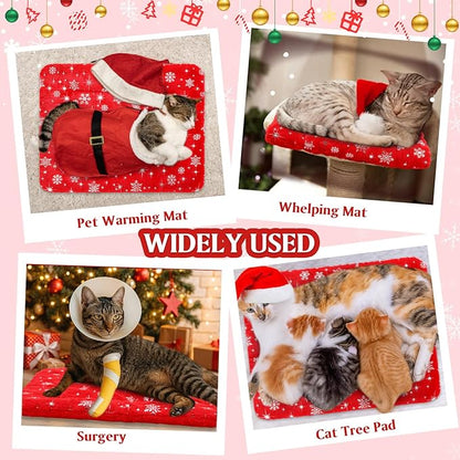 2 Pack Winter Self Warming Cat Mat Snowflake Red Self Heating Pad Bed 22" x 18" Reversible Reflects Body Heat Machine Washable Thermal Pet Blanket for Winter Indoor Pet Kitten Dog Crate