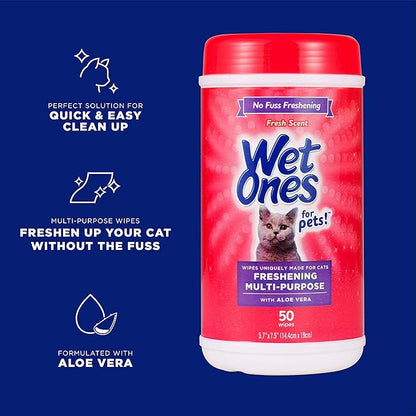 Wet Ones for Pets Freshening Multipurpose Wipes for Cats with Aloe Vera, Fresh Scent - Easy to Use Cat Cleaning Wipes for Pet Grooming in Canister, 50 Count - 3 Pack