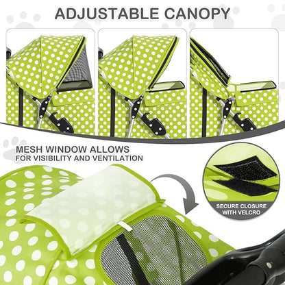 MoNiBloom 3 Wheels Pet Dog Cat Stroller for Small Medium Dogs Cats, Foldable Jogger Stroller w/Storage Basket and Cup Holder, Lawn Green Polka Dots