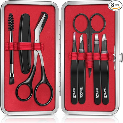 TsMADDTs Eyebrow Kit, 8 in 1 Eyebrow Trimmer Scissors, Tweezers for Women, Razor, Brush with Travel Bag, Tweezers Set for Women and Men, Professional Shaping Grooming Kit
