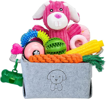 MRSOHRET 20Pcs Puppy Chew Toys for Teething, Dog Chew Rope Toys, Pet Dog Toothbrush, Treat Balls, Plush Squeaky Toy for Small Medium Dogs with Basket