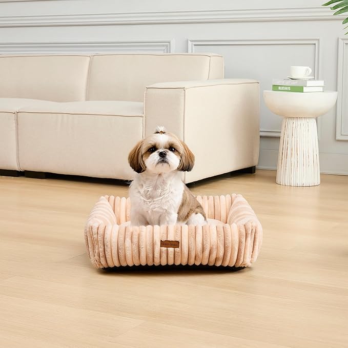 Modern Threads Ribbed Plush Two-Tone Cuddler Dog Bed, Ultra-Soft Faux Rabbit Fur, Supportive Bolstered Sides, Removable Washable Cover, Bed for Small to Medium Dogs, Cream, (24" L x 20" W x 8" Th)