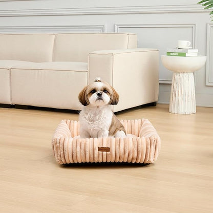 Modern Threads Ribbed Plush Two-Tone Cuddler Dog Bed, Ultra-Soft Faux Rabbit Fur, Supportive Bolstered Sides, Removable Washable Cover, Bed for Small to Medium Dogs, Cream, (24" L x 20" W x 8" Th)