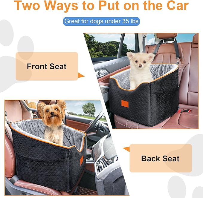 XIEEAOZEE Dog Car Seat for Small Dogs, Memory Foam Booster Dog Seat for Dogs up to 35 lbs, Elevated Pet Car Seat, Travel Safety Pet Seat with Washable Removable Cover, Storage Pockets (Red)