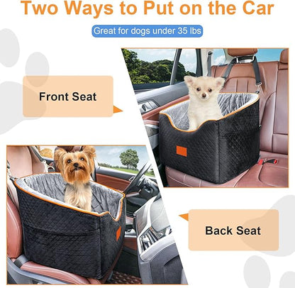XIEEAOZEE Dog Car Seat for Small Dogs, Memory Foam Booster Dog Seat for Dogs up to 35 lbs, Elevated Pet Car Seat, Travel Safety Pet Seat with Washable Removable Cover, Storage Pockets (Red)