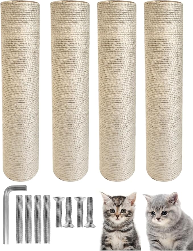 TIMHAKA 4 PCS M8 Cat Scratching Post Replacement, 15.7 x 3.3 inch Sisal Pole Cat Tree Replacement Post with Screws, Refill Sisal Rope Scratcher Posts for Indoor Tree Tower Cat Furniture Protector