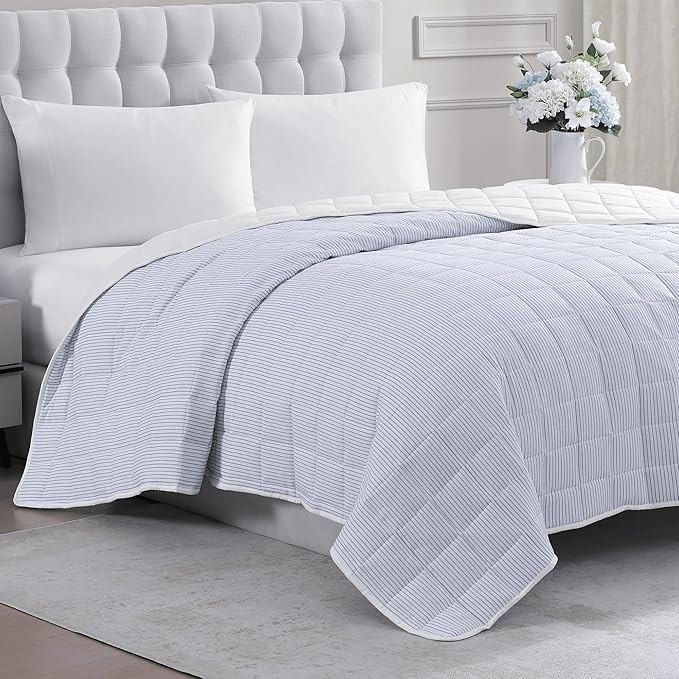 Casa Platino Pre-Washed Queen Size Bed Blanket - Ultra Soft Lightweight All Season Reversible Down Alternative - Ticking Stripe Blue, White