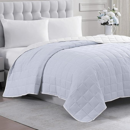 Casa Platino Pre-Washed Twin Size Bed Blanket - Lightweight, All Season, Premium Reversible Down Alternative - Ticking Stripe Blue, White