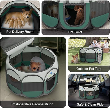 Playpen for Small Dogs Cats Crate: Puppy Play Pen Indoor Outdoor Foldable Potable Exercise Cage Pop up Kennel for Guinea Pig Rabbits Hamster Travel with Carrying Case & Food Bowl (Green, L, 1)
