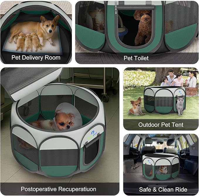 Playpen for Small Dogs Cats Crate: Puppy Play Pen Indoor Outdoor Foldable Potable Exercise Cage Pop up Kennel for Guinea Pig Rabbits Hamster Travel with Carrying Case & Food Bowl (Green, S, 1)