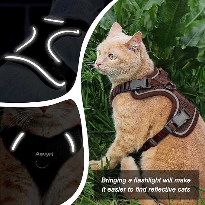 Cat Harness and Leash Set - Escape Proof Adjustable Cat Harness, Comfortable Soft Lightweight, Use Safe & Easy, Walking Travel Kitten Harness for Small Medium Large Cats, Brown, L