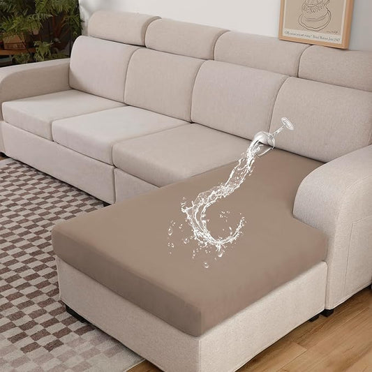 100% Waterproof Couch Cushion Covers L Shaped Chaise Cover, Stretch Seat Covers for Sectional Sofa, Reversible Couch Sofa Protector Covers for Kids Pets, Washable(Chaise Cover, Camel)