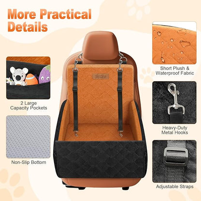 Elevated Dog Car Seat, Dog Booster Car Seats for Small & Medium Breeds Up to 35lbs, Fully Detachable and Washable, Memory Foam Pet Carseat with 2 Storage Pockets & 3 Safety Belts, Black + Brown