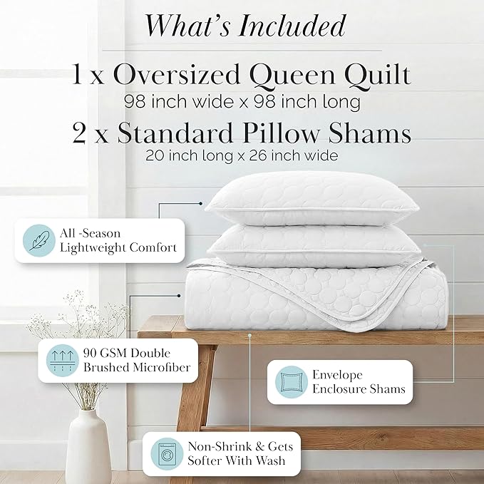 Southshore Fine Living, Inc. White Quilts Queen Size Set, Lightweight Summer Bedspread with 2 Quilted Pillow Shams, Cozy, Soft Circle-Stitch Design, Queen Size/Full Size, White