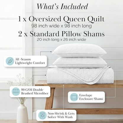 Southshore Fine Living, Inc. White Quilts Queen Size Set, Lightweight Summer Bedspread with 2 Quilted Pillow Shams, Cozy, Soft Circle-Stitch Design, Queen Size/Full Size, White