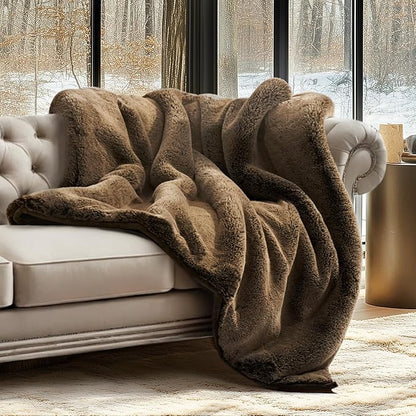 EVERGRACEHOME Luxury Soft Faux Chinchilla Fur Throw Blanket for Couch, Warm Thick Heavy Winter Throw Blanket 1220GSM for Bed, Fluffy Cozy Mink Blanket with Reversible Velvet, Brown Sable, 60"x80"