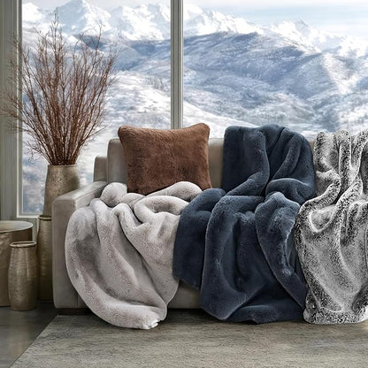 EVERGRACEHOME Luxury Soft Faux Chinchilla Fur Throw Blanket for Couch, Warm Thick Heavy Winter Throw Blanket 1220GSM for Bed, Fluffy Cozy Mink Blanket with Reversible Velvet, Silver Taupe, 60"x80"