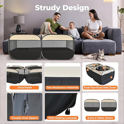 2-in-1 Pop Up Cat Playpen, Detachable into 2 Separate Pens with Additional Doors, Assembly-Free Portable Dog Crates Pet Pen Tent Kennel Kitten Puppy Enclosure Cage Indoor Outdoor Foldable Condo(M)