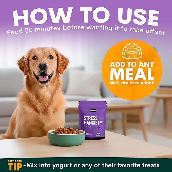 Petz Park Stress + Anxiety Dog Calming Supplement 45 Scoops, Anxiety Supplement, Dog Calming Supplement for Stress Support, Calming Food Topper for Dry or Wet Food, Made in Australia, 3.2oz Powder