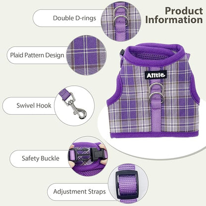 AIITLE Adjustable Bunny Harness & Leash Set - Soft Mesh Liner, Comfort Fit Plaid Pattern Vest with Magic Tape Design, Portable for Small Animal Pets Rat Squirrel Ferret Puppy Cat, Purple L