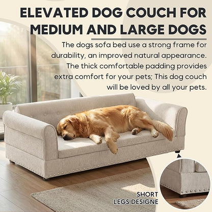 Elevated Dog Sofa for Medium to Large Dogs, Button Tufted Dog Couch Bed with Backrest and Armrests, Durable Memory Foam Pet Bed, Removable Cushion for Medium and Large Dogs, Beige