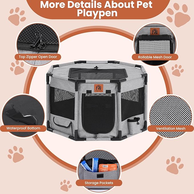 Enclosed Pet Playpen, Portable Cat & Puppy Playpen with Sturdy PVC Pipe Frame and Scratch-Resistant Fabric, Soft Kennel Crate Fence for Pet Indoor Outdoor Use (Small Size, 28x28x16.9 Inches)