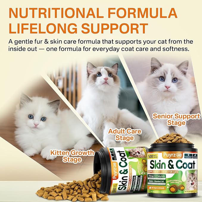 Puyrzoe Cat Skin and Coat Health - 500 Chews Crunchy & Creamy Cheese Core with Omega 3/6/9, Vitamins C & E, Biotin for Skin Hydration & Coat Shine Supplement for Cats Kittens - Chicken & Shrimp Flavor