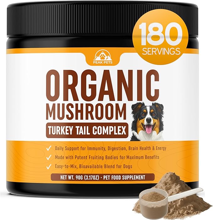 Mushroom Supplement Powder for Dogs (90g) Organic Mushroom Complex with Turkey Tail and Lions Mane for Dogs - Immune Support, Brain Health and Digestion - Third Party Tested, Non-GMO and Made in USA