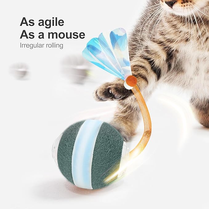 Jkanti Interactive Cat Toys for Indoor Cats,The 3rd Generation Agile Moving Cat Ball with Elastic Mesh Tail,Automatic Kitten Toys for Bored Indoor Cats (Dark Green)