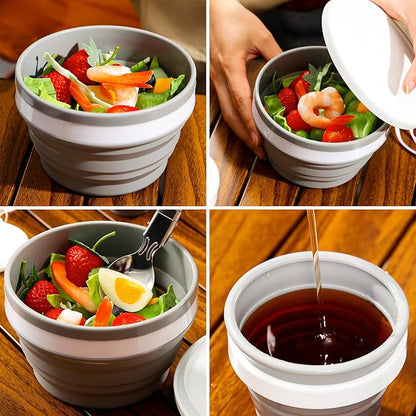Odoland Camping Collapsible Silicone Cup and Bowl Set, Portable Mess Kit with Stainless Steel Spork and Lid for 1 Person Backpacking, Family Cookware, Hiking, Picnic, Travel