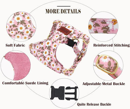 No Pull Dog Harness & Leash Set, Adjustable XX-Small, Pink Daisy, Fashionable, Cute, Stylish, Escape Proof, Includes Leash