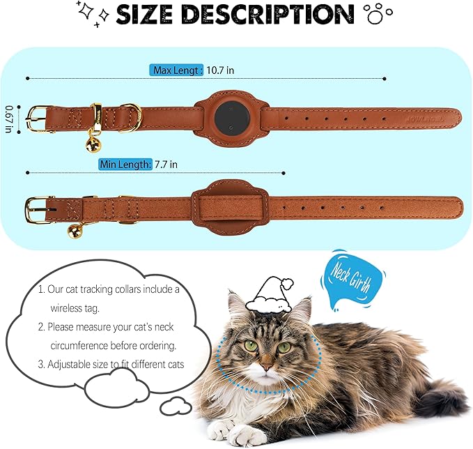 Cat Tracker, GPS Pet Tracker for Cats (Only iOS), Leather Cat Collar with Tracker, Works with Any Collar, No Monthly Fee, Compatible with Apple Find My App not for Android (Brown)