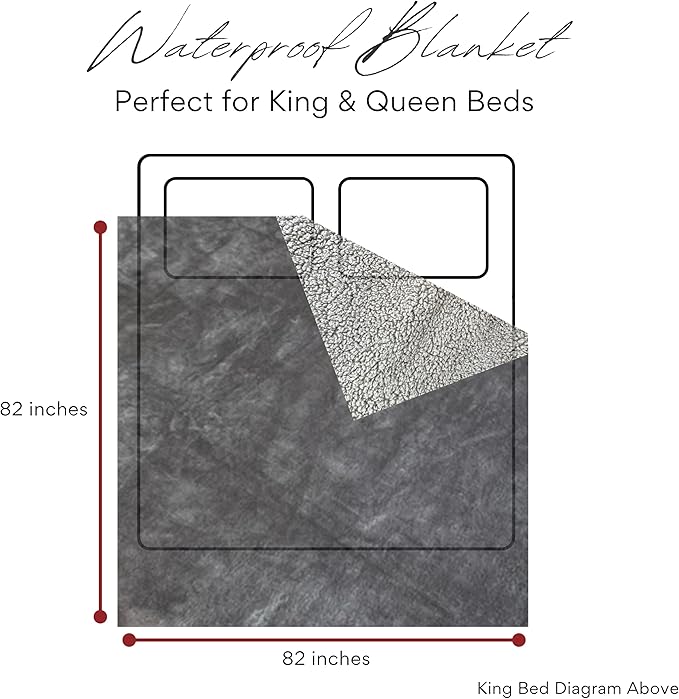 Waterproof Blanket King Size, Gray, 82x82"- Water Proof and Stain Resistant Blankets for Bed, Couch, Couples Fleece Moisture Absorbent, Layered Sheet Protector, Leakproof Protective Top Cover Throws