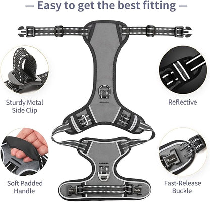 HEELE Dog Harness, No Pull Adjustable Padded Reflective Harness for Small Medium Large Dogs with Handle for Walking Training, Grey, XL