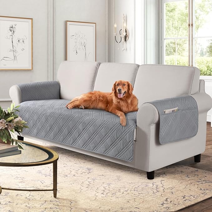 TAOCOCO Waterproof Sofa Covers for Dogs Pets with Non Slip Backing, Couch Seat Covers with Side Pocket for 3 Cushion Couch Washable Dog Couch Cover Protector Sofa Slipcovers(Sofa, Light Gray)