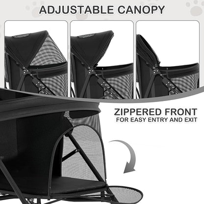 MoNiBloom 4 Wheels Pet Stroller, Easy-Fold Puppy Cage Jogger Stroller with Sun Cover, Pad and Rear Storage Bag, Breathable and Visible Mesh for Small/Medium Pets up to 22 lbs, Black