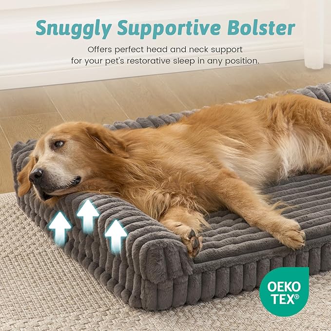 COZY KISS Extra Large Dog Bed, Faux Rabbit Fur Orthopedic Foam Dog Bed with Sides, Removable Washable Cover & Waterproof Lining, Comfortable Pet Couch for Dogs, Grey (48" L x 35" W x 7.5" Th)