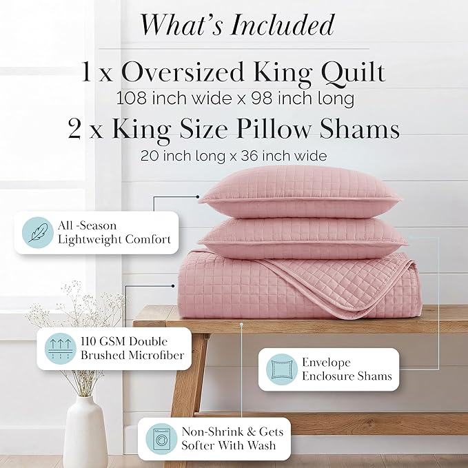 Southshore Fine Living, Inc. Pink King Quilt Set with 2 Pillow Shams, Stitched Lightweight Coverlet, King Size, Stain & Pet Hair Resistant Bedding Set, Fits Standard or California Beds, Pastel Pink
