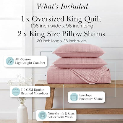 Southshore Fine Living, Inc. Pink King Quilt Set with 2 Pillow Shams, Stitched Lightweight Coverlet, King Size, Stain & Pet Hair Resistant Bedding Set, Fits Standard or California Beds, Pastel Pink