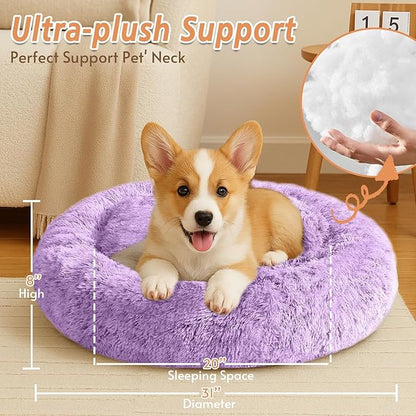 JOLLYVOGUE Calming Dog Bed Medium Size Dog, 31in Donut Washable Medium Pet Bed, Anti-Slip & Anti-Anxiety Fluffy Faux Fur Round Dogs Bed, Fits up to 45 lbs Pets (Purple)
