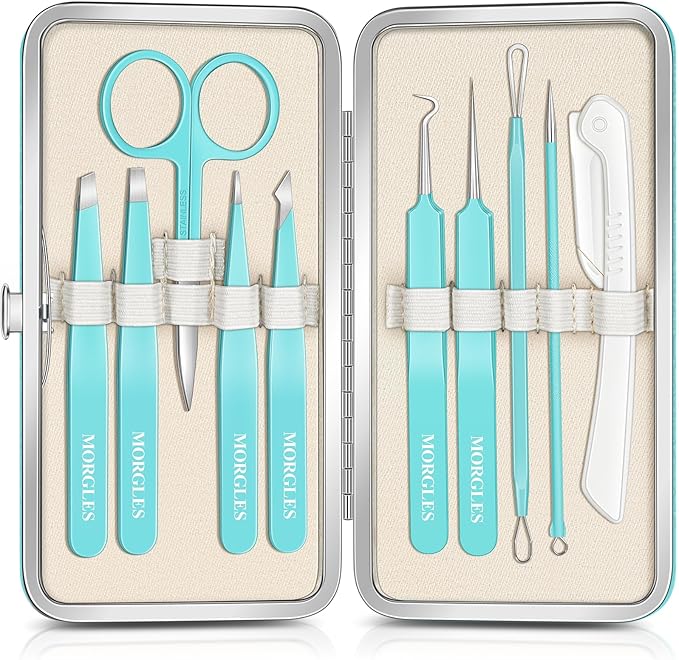 MORGLES Tweezers for Women Facial Hair, 10 in 1 Pimple Popper Tool Kit with Tweezers, Eyebrow Tweezers Kit with Eyebrow Trimmer & Scissors, Razor, Travel Bag, Grooming Beauty Set