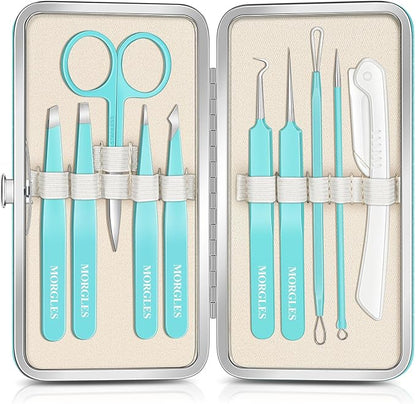 MORGLES Tweezers for Women Facial Hair, 10 in 1 Pimple Popper Tool Kit with Tweezers, Eyebrow Tweezers Kit with Eyebrow Trimmer & Scissors, Razor, Travel Bag, Grooming Beauty Set