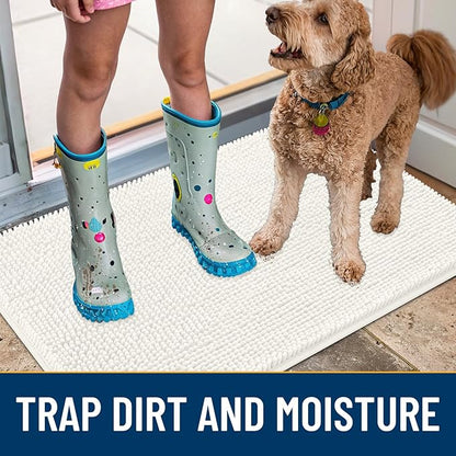 Smiry Dog Door Mat for Muddy Paws 30x20, Absorbs Moisture and Dirt Doormat, Non-Slip Washable Quick Dry Chenille Front Door Mat Indoor Entrance, Entryway Carpet for Inside Floor, Ivory