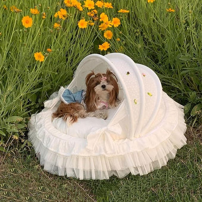 Elegant Pet Bed with Ruffles, Cradle Bed for Small Dogs Puppy Kitten Luxury Bed Sofa (XL25.6''Lx21.7''Wx17.3''Th, Cooling GoldPea)